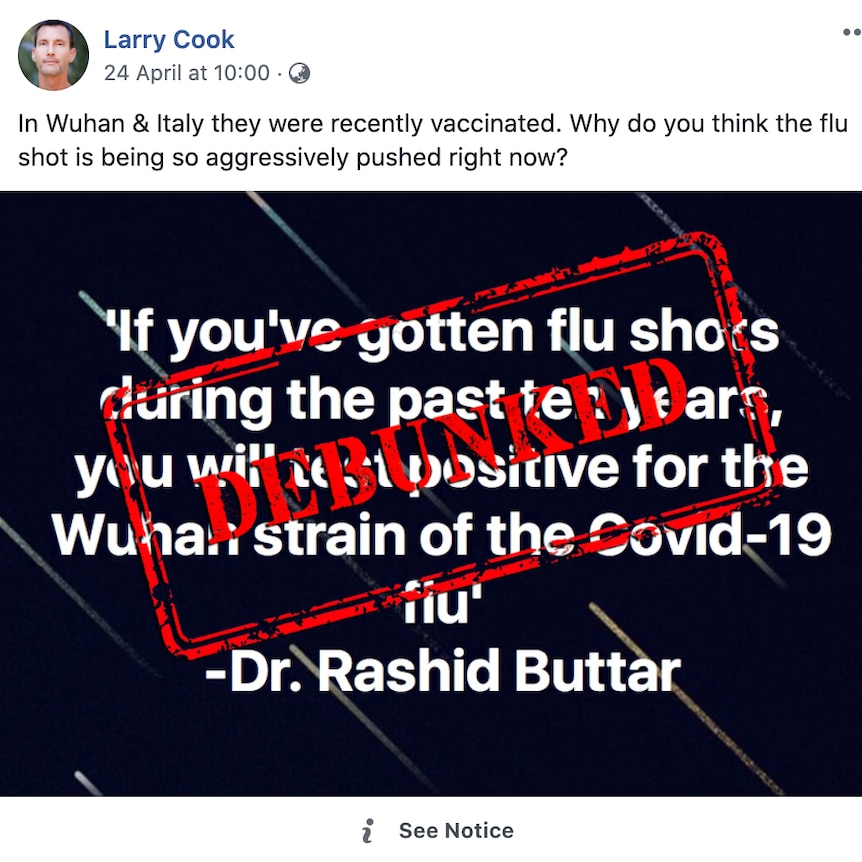 A Facebook post claiming the flu shot makes you test positive for COVID-19 with a debunked stamp on top