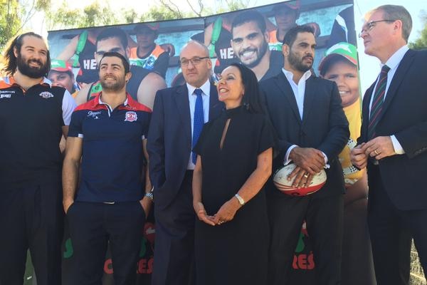 Luke Foley with NRL stars Greg Inglis and Anthony Minichiello to announce community sports policy