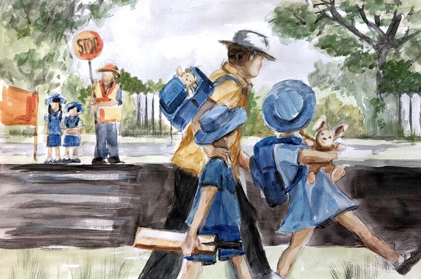 Illustration of man walking his son and daughter to school.