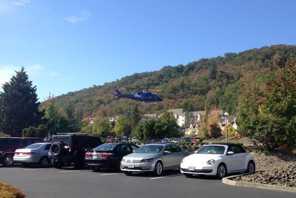 A helicopter is seen at Mercy Medical Centre