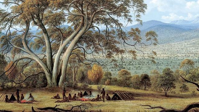 Landscape painting shows Aboriginal people camped by trees