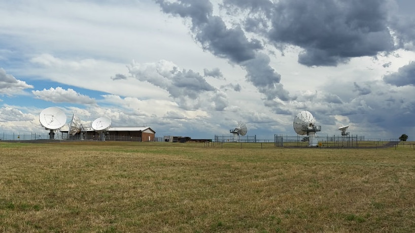 Six antennae satellite dishes, part of ground station that communicates with Globalstar satellites