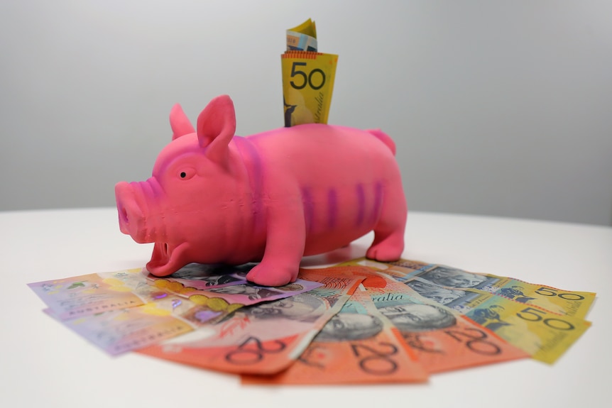 A pink piggy bank sits on a pile of Australian money