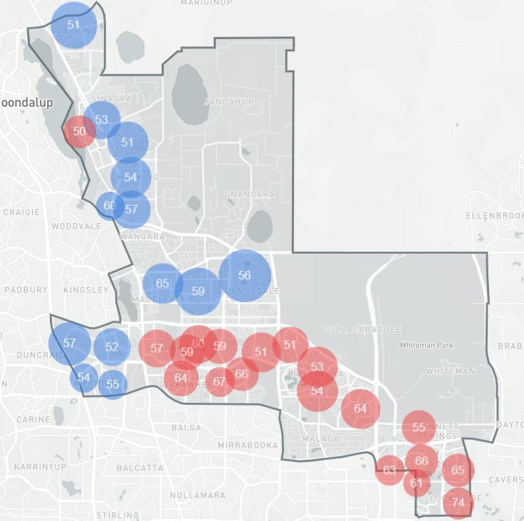 A map of an electorate with red dots at the bottom and blue dots at the top.