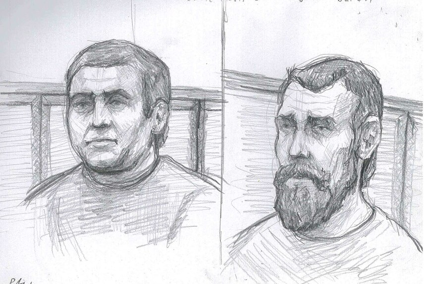 A sketch of two men in a courtroom