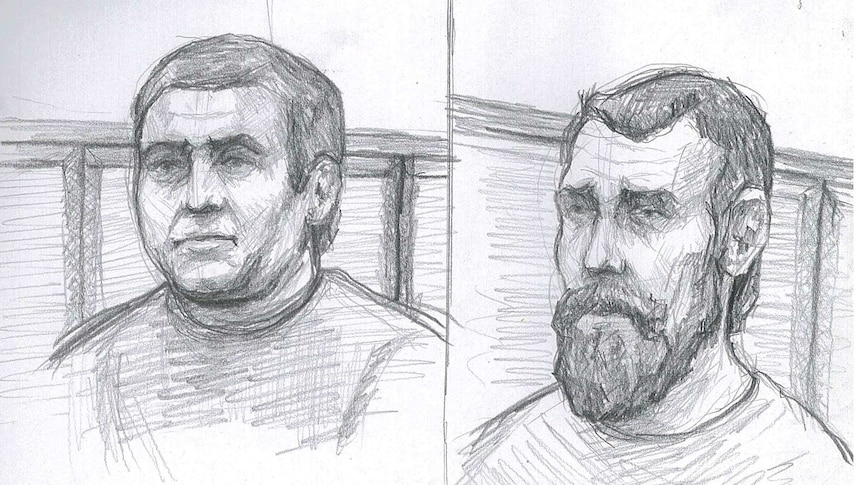 A sketch of two men in a courtroom