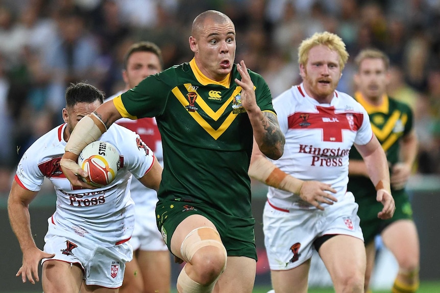 The Kangaroos' David Klemmer in action against England at the Rugby League World Cup.