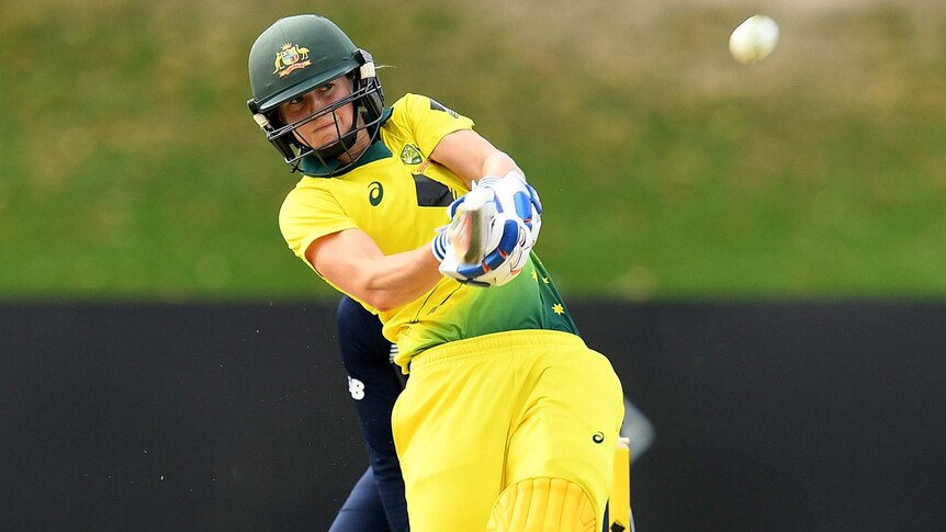 Ellyse Perry hits a six for Australia against England in the Women's Ashes second ODI