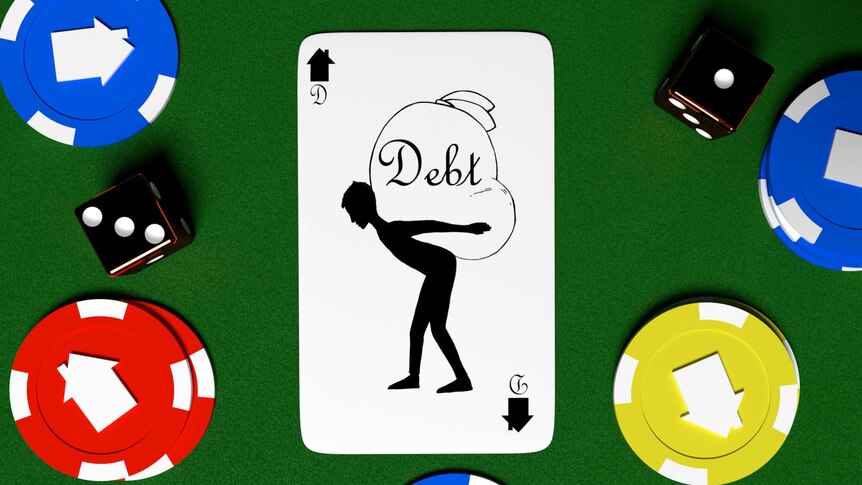 Image of a playing card with an illustration of a man carrying a huge debt sack.