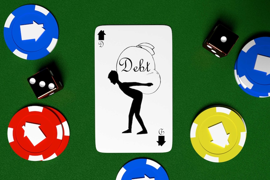 Image of a playing card with an illustration of a man carrying a huge debt sack.