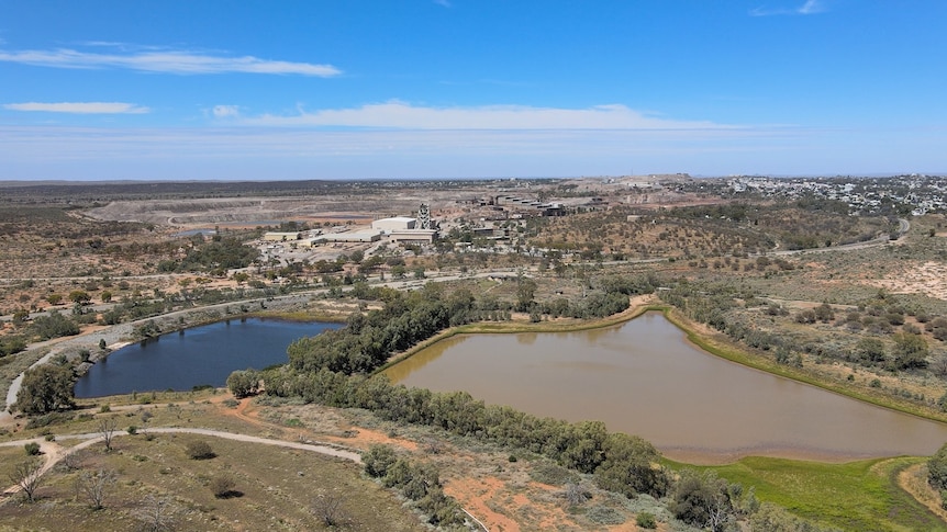 A drone shot of two small lakes near the city of Broken Hill. 
