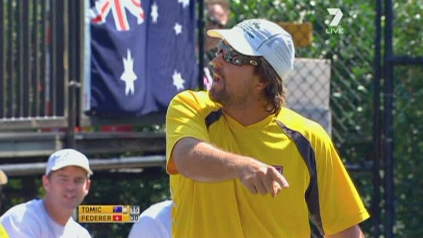 National duty ... Pat Rafter remonstrating with officials during the 2011 tie against Switzerland