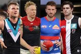 A composite photo of four AFL stars, the middle two holding footballs in their hands.