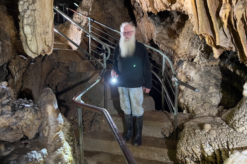A man with a long white beard stands on a staircase with a torch in a dark cave.
