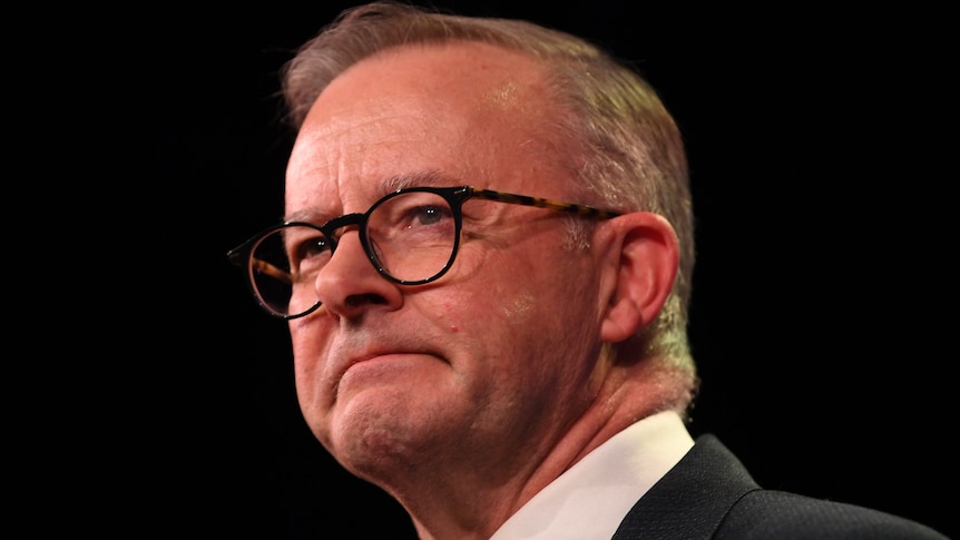 Anthony Albanese against a black background. 