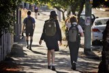 Secondary School Students (Brisbane State High School) walking to school.
