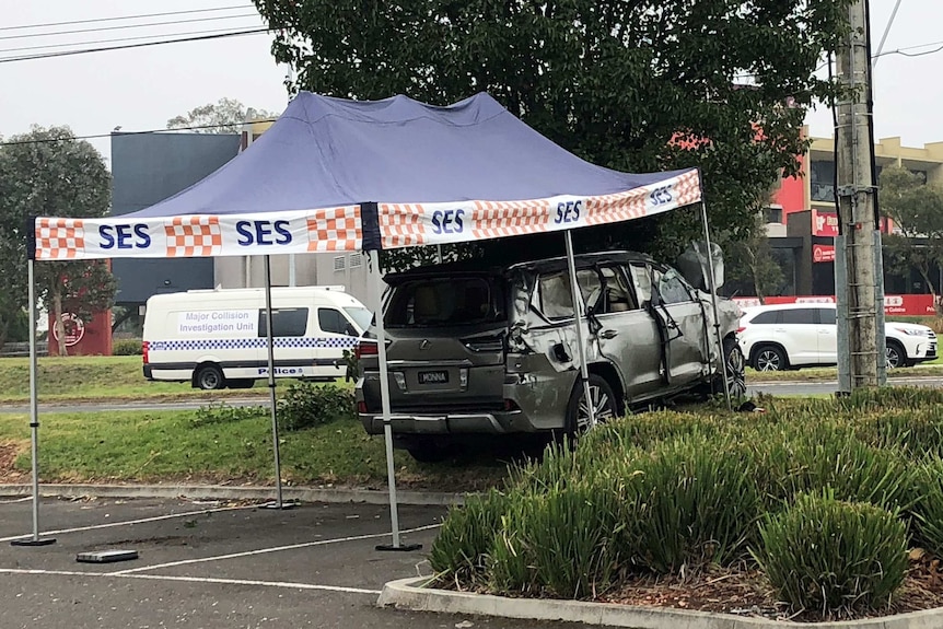 One of the two cars involved in a fatal crash under an SES tent.