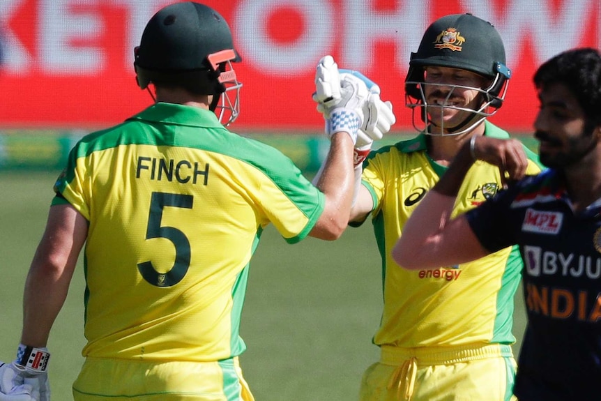 Aaron Finch and David Warner celebrate at the Sydney Cricket Ground
