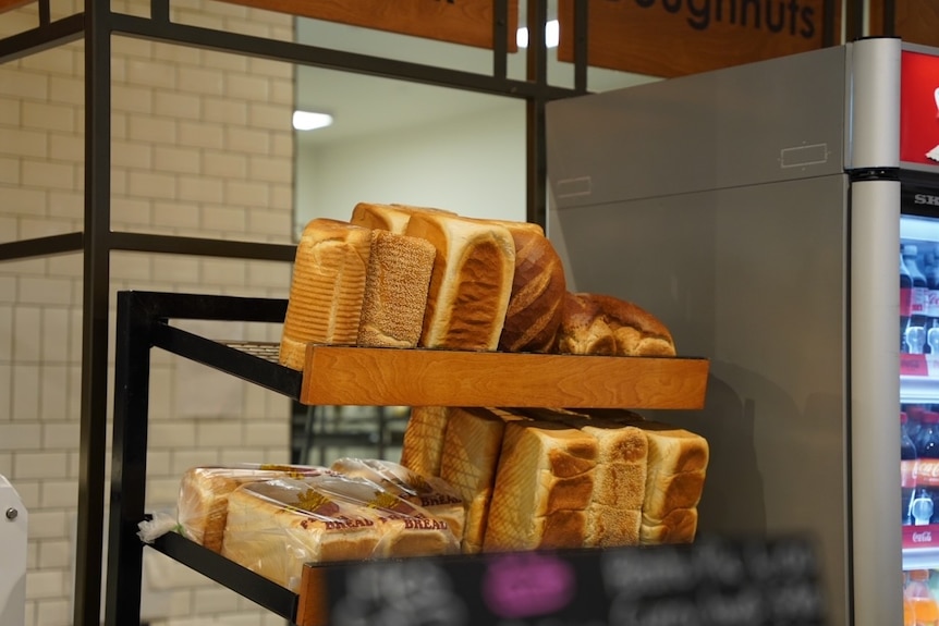 Loaves of bread on a shelf at a bakery.