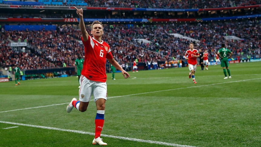 Denis Cheryshev celebrates Russia's fourth goal against Saudi Arabia