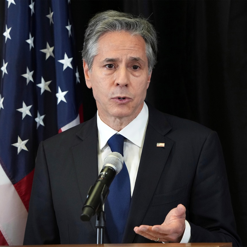 Secretary of State Anthony Blinken speaks during a news conference in Berlin.