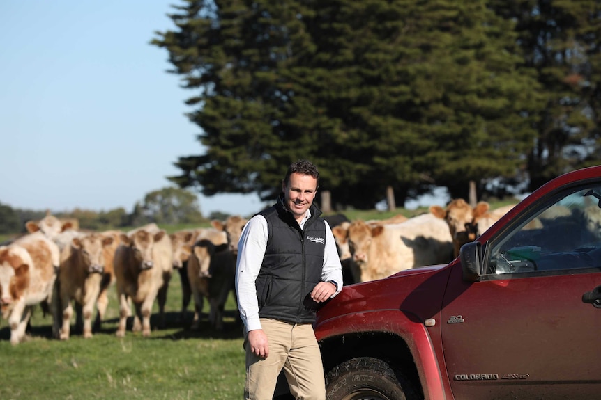 A well-dressed rural man leans against a ute, as a herd of beef cattle look on from their paddock.