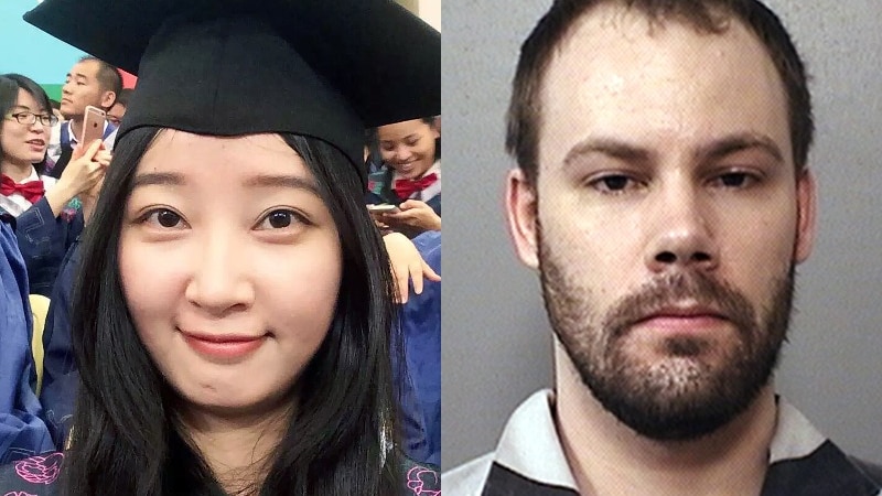 A selfie of a Chinese woman in a graduation hat next to a mugshot of a man with short brown hair and beard.