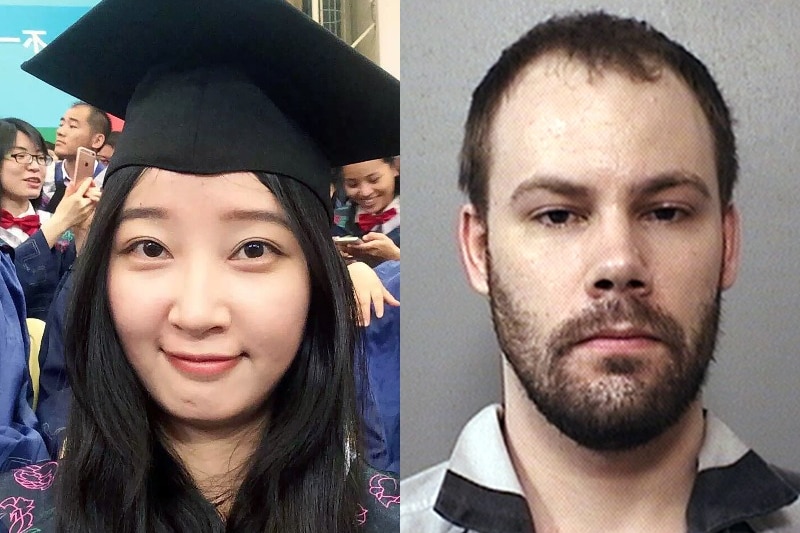 A selfie of a Chinese woman in a graduation hat next to a mugshot of a man with short brown hair and beard.