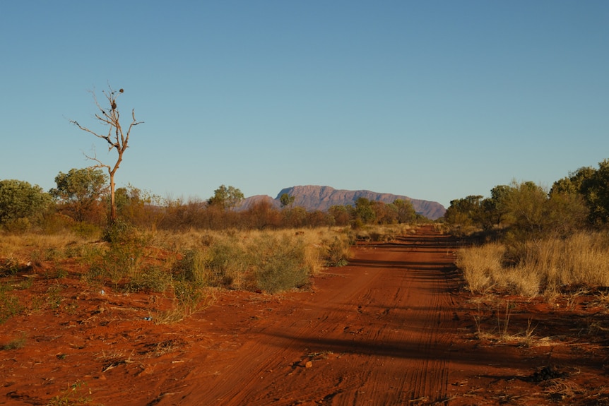 Wide shot featuring the Australian Northern Territory's red desert and mountainous landscape.