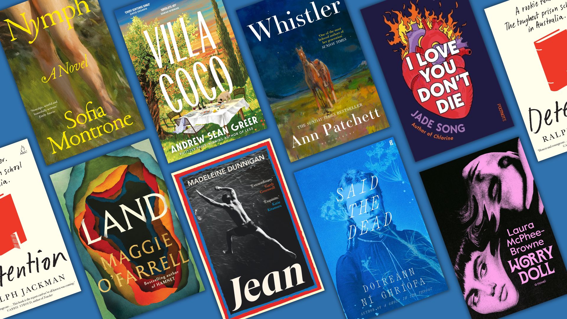 Nine book cover pictured on an angle on a blue background.