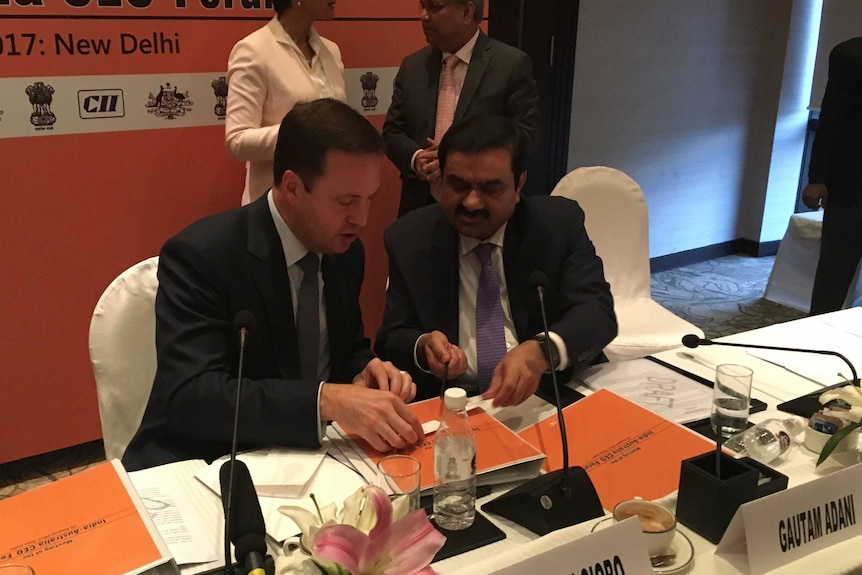 Hon. Steven Ciobo talking with Gautam Adani at the Australia-India CEO business forum.
