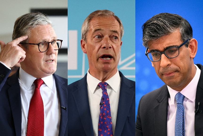 A split image shows Keir Starmer, Nigel Farage and Rishi Sunak all in suits and ties