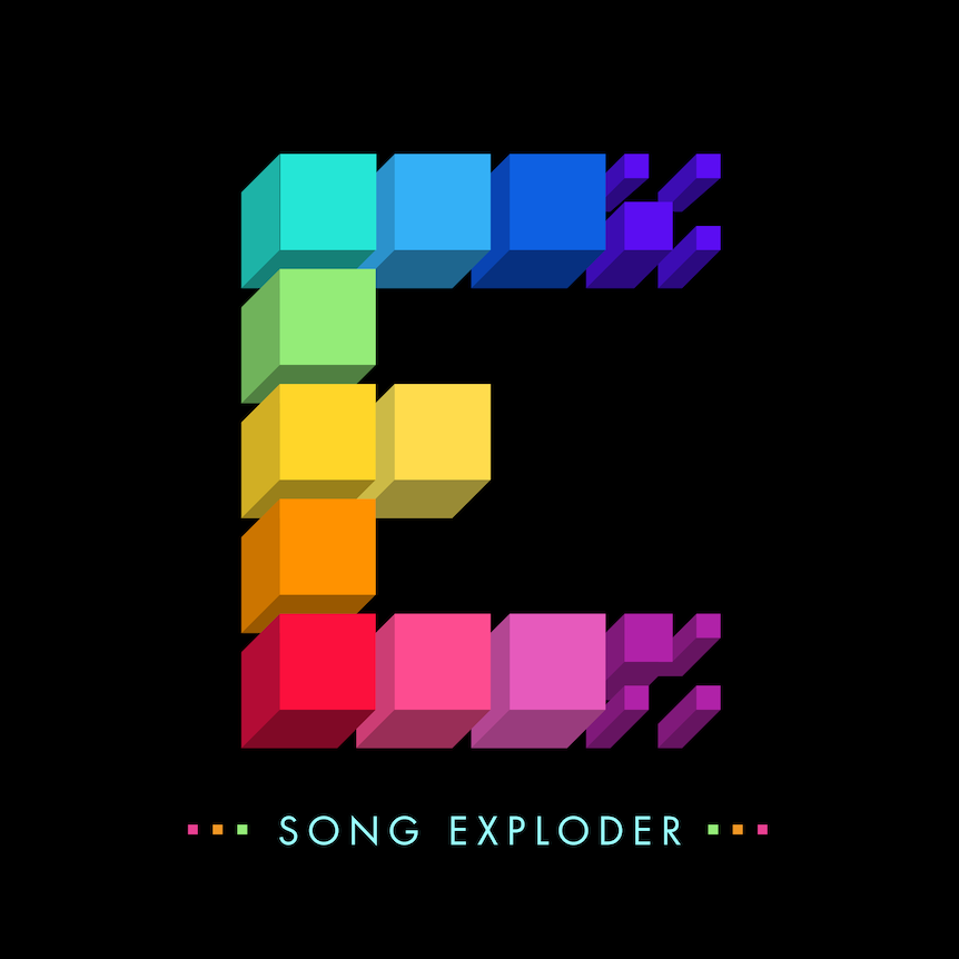 Artwork for the podcast Song Exploder featuring a variety of coloured squares that form the letter E on a black background.