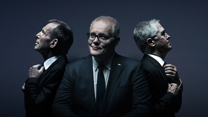 A designed image of Abbott and Turnbull, side on, flanking Morrison, facing forwards.