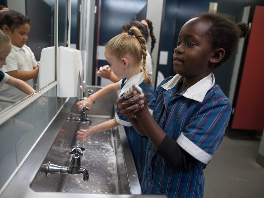 Three primary school students stand in front of the school bathroom mirror and wash their hands with soap