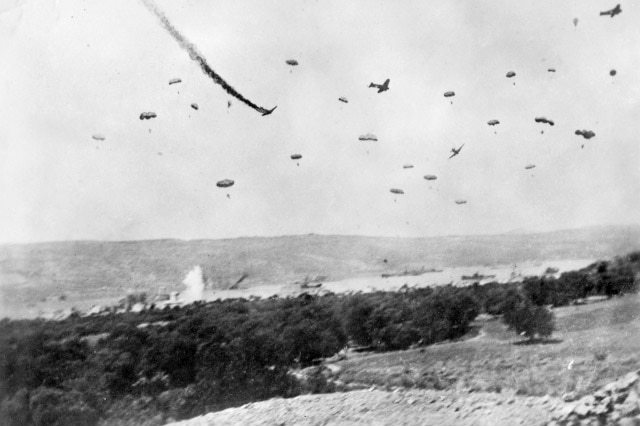 German paratroopers land during the invasion of Crete