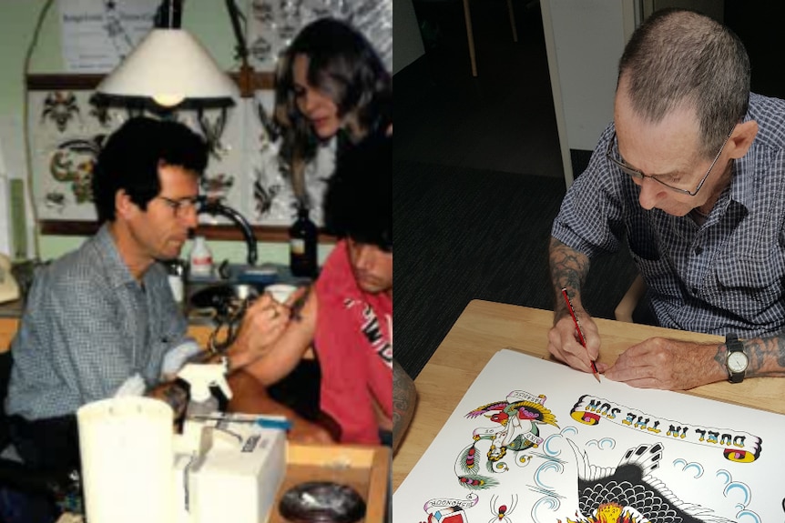 An old photo of a man tattooing on the left, on the right is older, drawing on paper. 