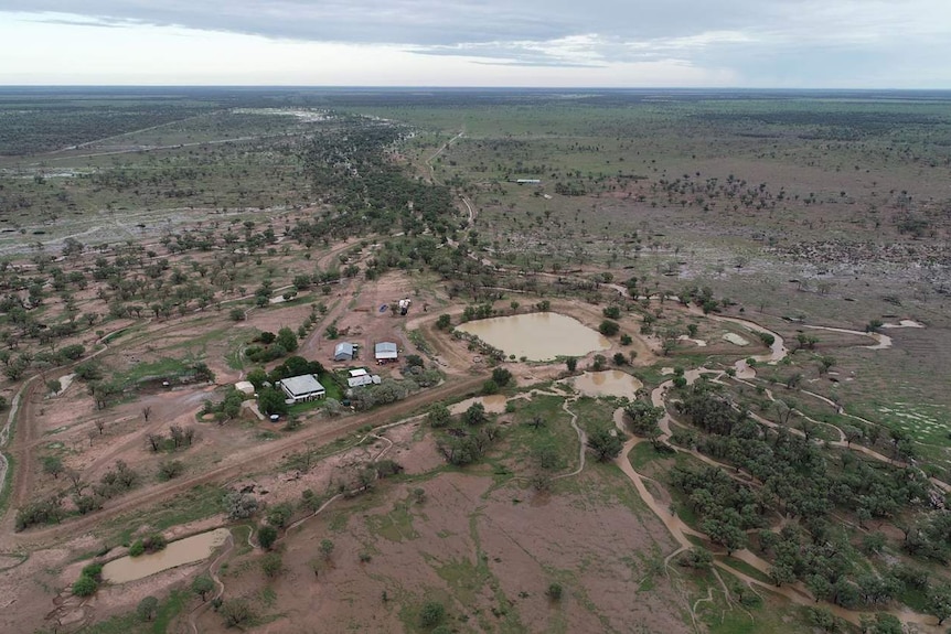 Drone shot of Taree, south-east of Aramac, shows the landscape after some initial rain, but the land is still dry