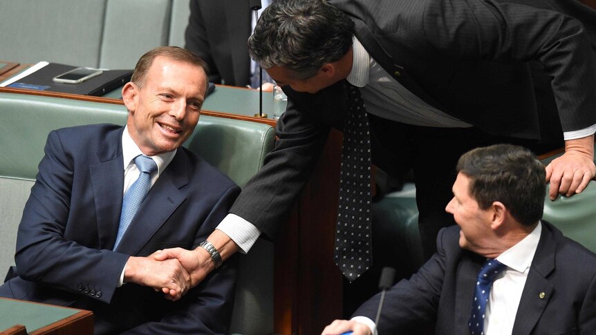 Former Prime Minister Tony Abbott takes his seat on the backbench during Question Time.