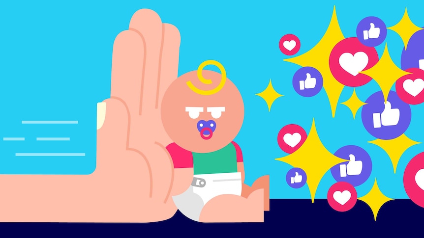 Cartoon of a hand shoving a small baby toward shiny 'Like' symbols from facebook and instagram