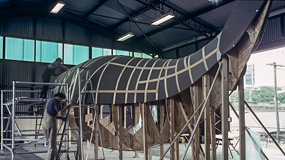 Whale skeleton made of wood and aluminium.