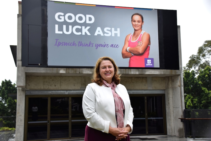 Ipswich Mayor Theresa Harding with the Barty billboard