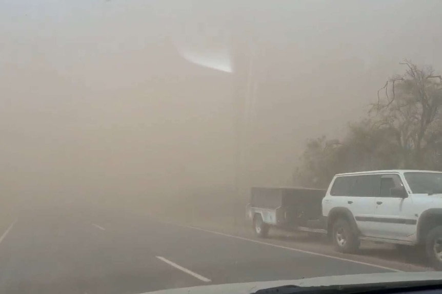 Lincoln Highway between Arno Bay and Cowell during a dust storm.