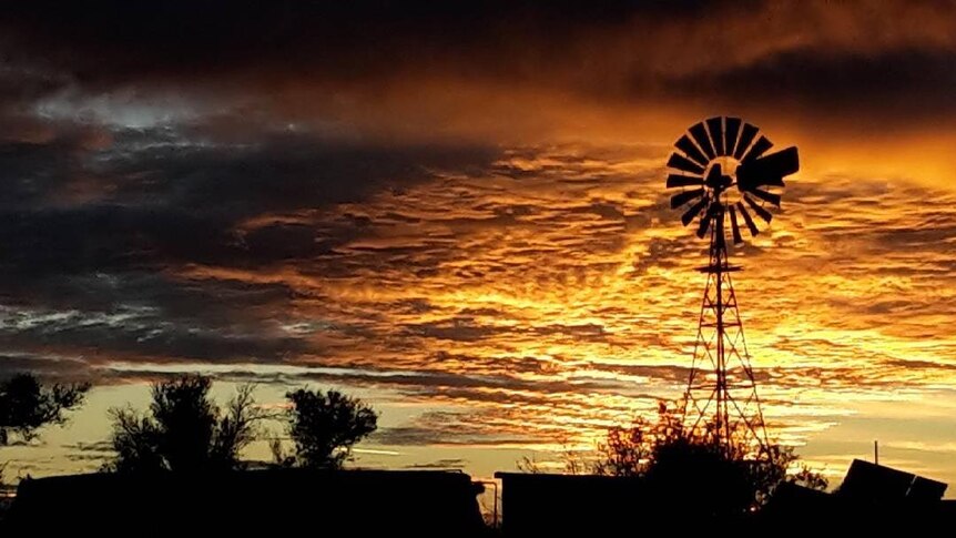 The sun sets behind a rural windmill, turning the underside of the clouds yellow.
