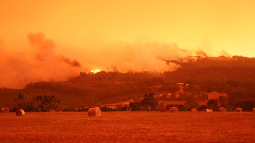 An orange sky during a bushfire showing a piece of land and hay bales