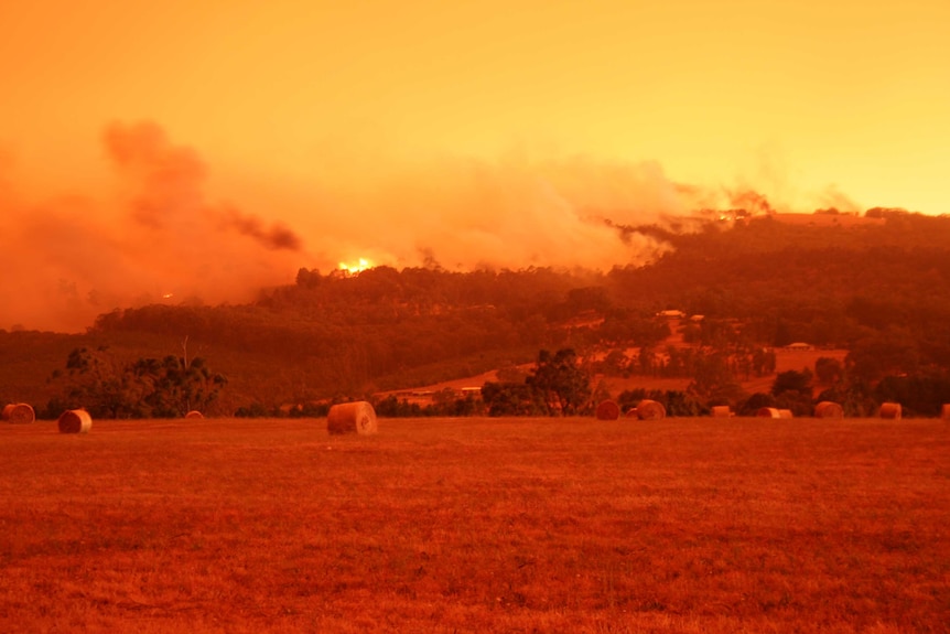 An orange sky during a bushfire showing a piece of land and hay bales