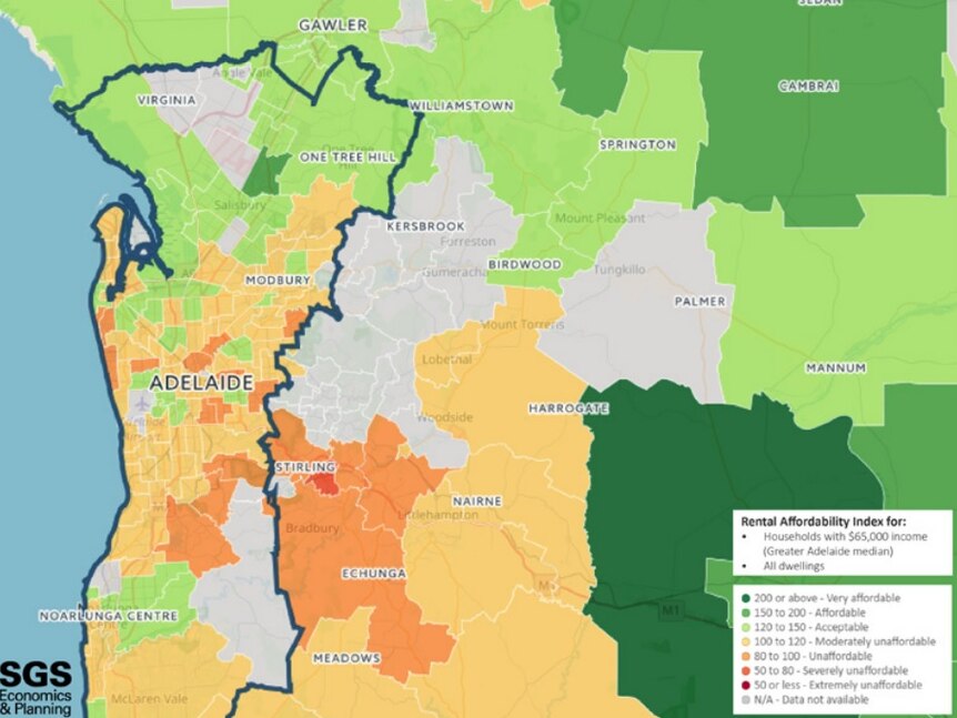 Map comparing rental affordability in greater Adelaide.