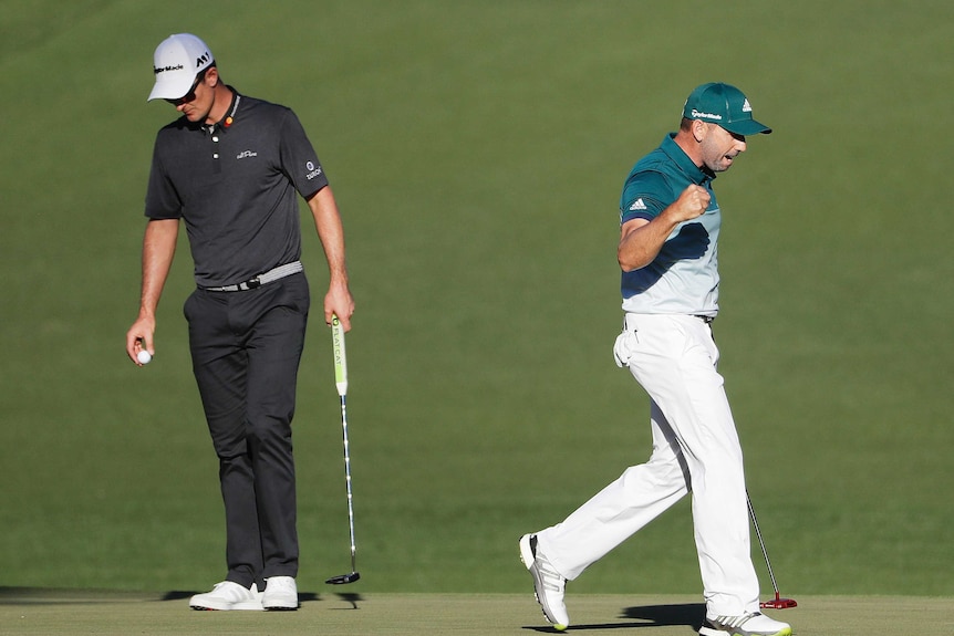 Sergio Garcia celebrates eagle on 15th at Masters