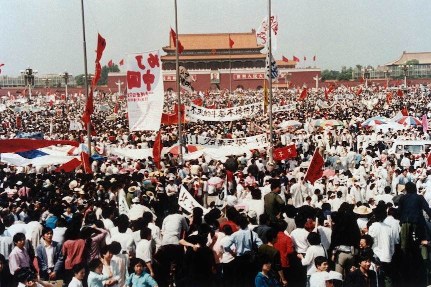 Tiananmen Square is filled with thousands during a pro-democracy rally in Beijing in May 1989.