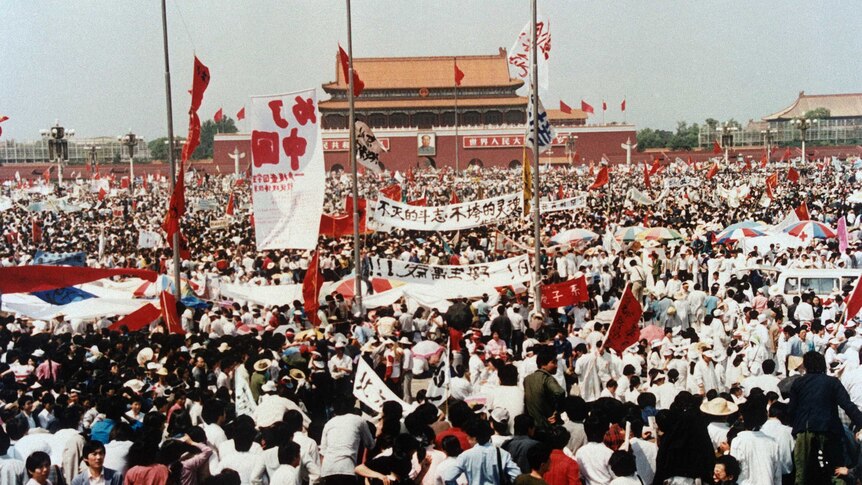 Tiananmen Square is filled with thousands during a pro-democracy rally in Beijing in May 1989.